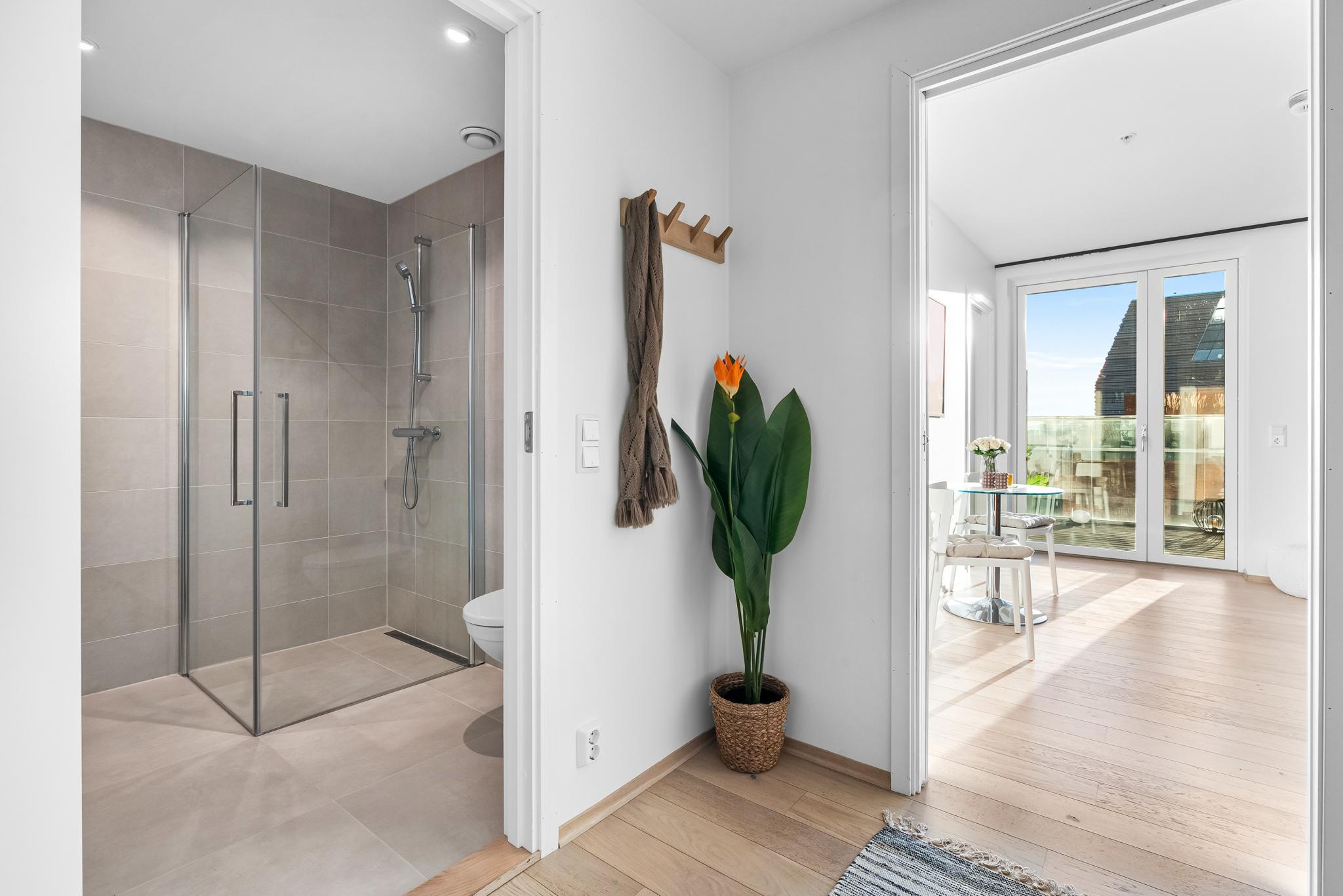 Fra gangen til stuen og badet.